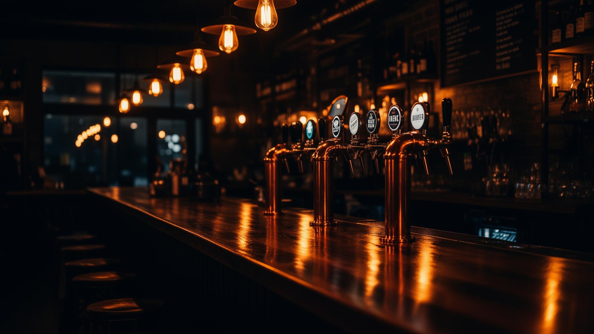 Täproom bar with copper taps and edison bulbs